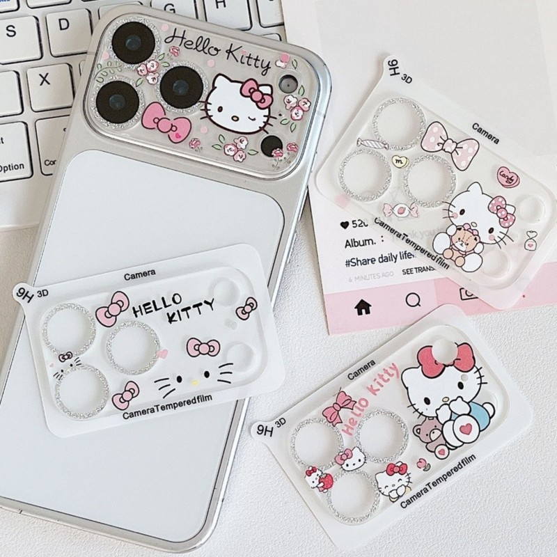 Tempered Glass Screen 9H - Schattige Hello Kitty Glitter Camera Lensbeschermer